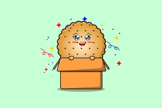 Cute cartoon Cookies character coming out from box in flat style cartoon vector icon illustration