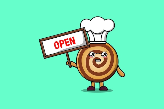 Cute cartoon Cookies character holding open sign board designs in concept flat cartoon style