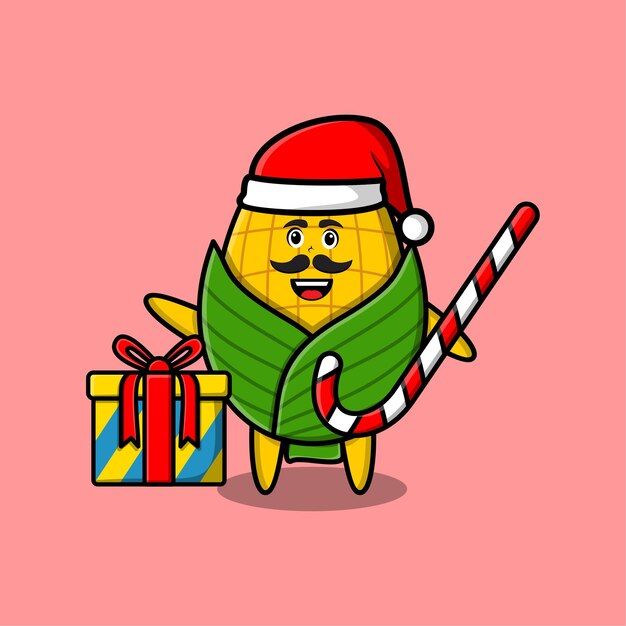 かわいい漫画のトウモロコシのサンタクロースのキャラクターは、キャンディケインと箱のクリスマスのイラストをもたらしています