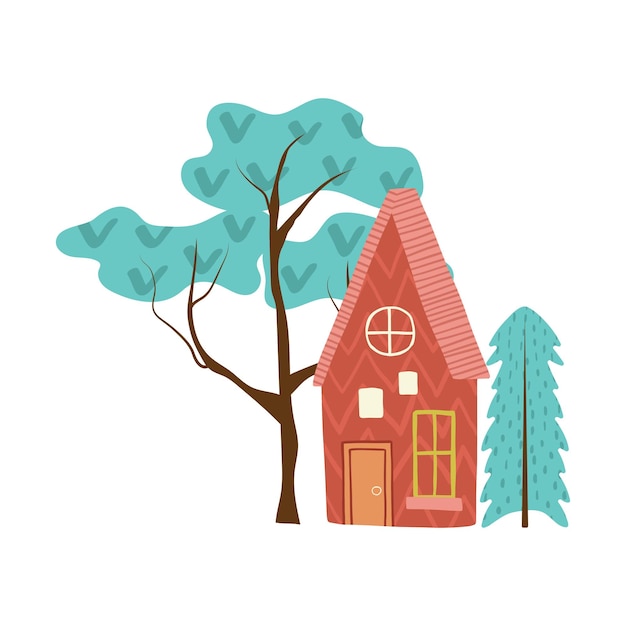 Vector cute cartoon country house hand drawn doodle spot illustration simple rustic landscape with trees