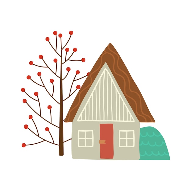 Vector cute cartoon country house hand drawn doodle spot illustration simple rustic landscape with trees