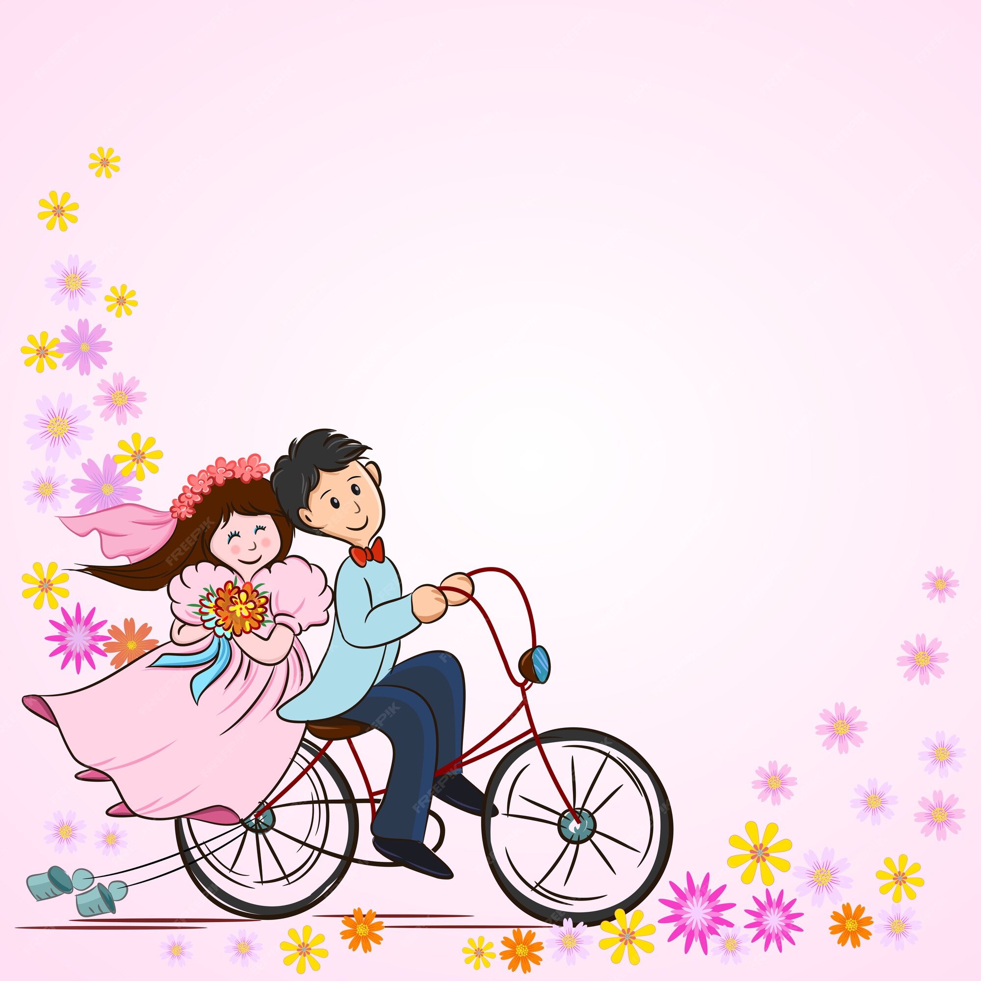 Premium Vector | Cute cartoon couple on bicycle for wedding card. Premium Vector | Cute cartoon couple on bicycle for wedding card.