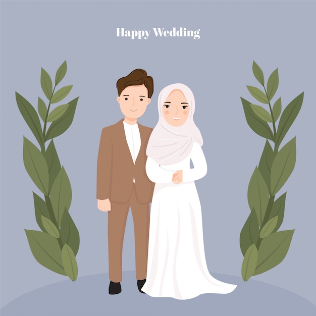 귀여운 만화 커플 신부와 신랑 이슬람