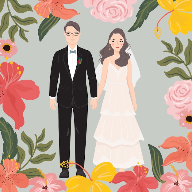 Cute cartoon couple bride and groom for wedding invitation card, poster, art print, gift.