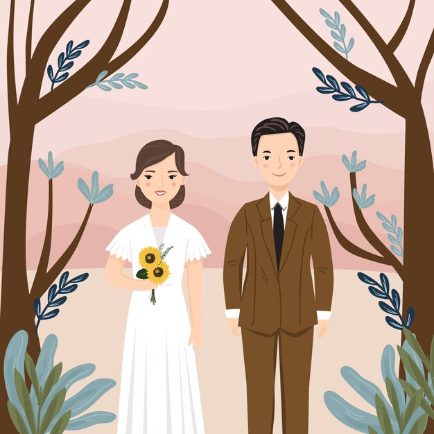 Cute cartoon couple bride and groom