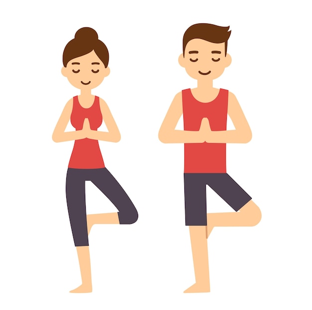 Cute cartoon couple doing yoga, tree pose asana. modern simple flat  style.