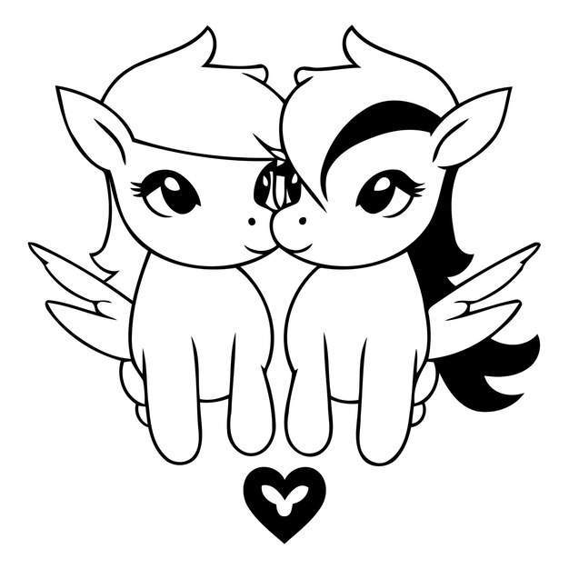 Vector cute cartoon couple of little unicorns in love vector illustration