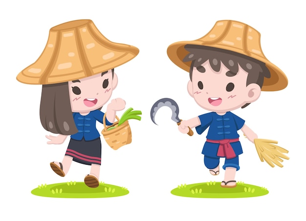 タイの農家のイラストのかわいい漫画のカップル