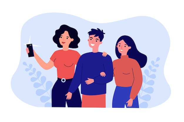 Coppie sveglie del fumetto che prendono selfie sul telefono con la madre. fidanzato, fidanzata e donna che prendono foto insieme piatta illustrazione vettoriale. famiglia, concetto di tecnologia per la progettazione di siti web o landing page