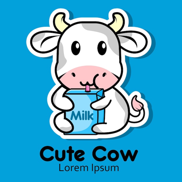 cute cartoon cow drinking milk logo design for animal lover