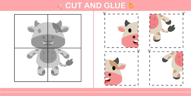 cute cartoon cow education paper game for kindergarten and preschool cut and glue game