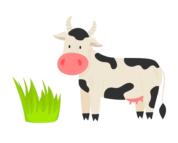 Cute cartoon cow illustration green grass in cartoon style