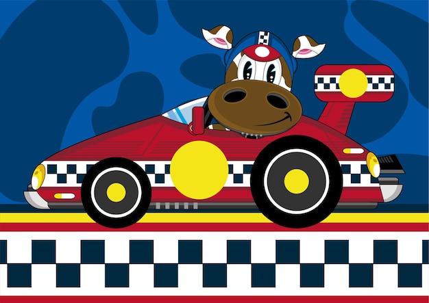 Cute Cartoon Cow Racing Driver in Sports Car