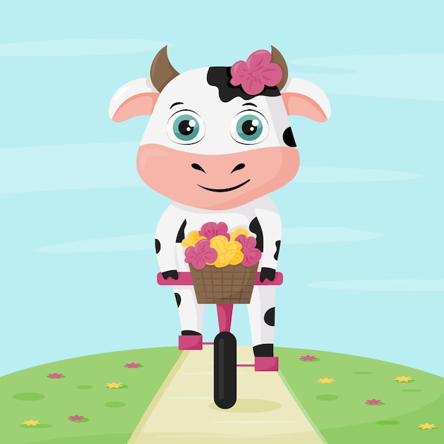 Vector cute cartoon cow riding a bicycle