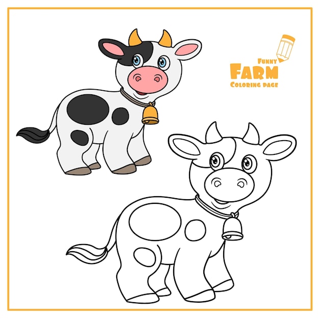 Cute cartoon cow with bell color and outlined on a white background for coloring page