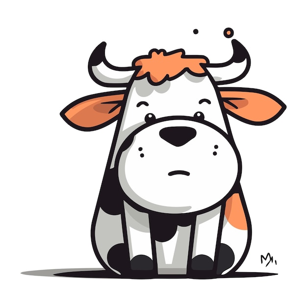 Cute cartoon cow with sad expression Vector illustration isolated on white background