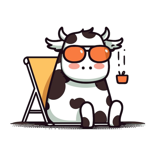ベクトル ビーチチェアに座っているサングラスをかぶった可愛いアニメの牛