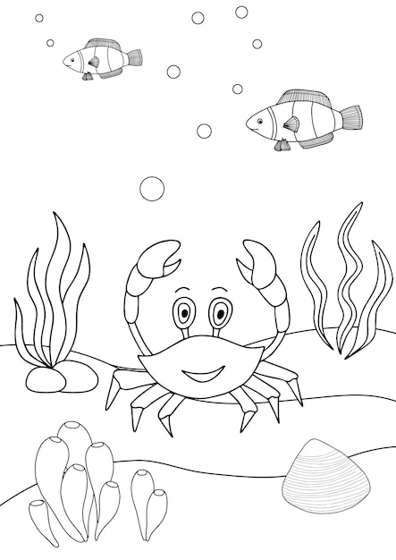 Cute cartoon crab Coloring book or page for kids Marine life