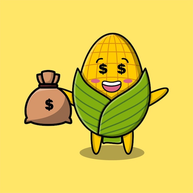 Cute cartoon Crazy rich corn with money bag shaped funny in modern design