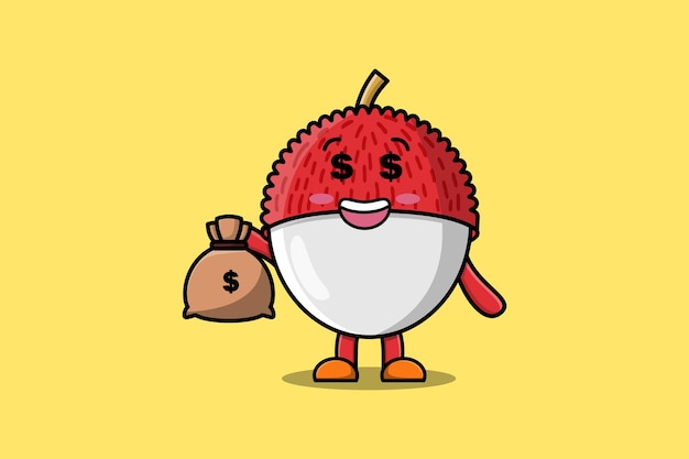 Cute cartoon crazy rich lychee with money bag shaped funny in modern design illustration