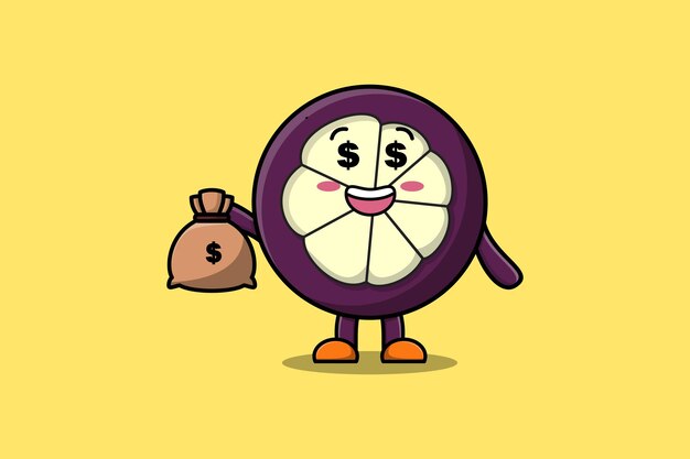 Simpatico cartone animato crazy rich mangosteen con borsa dei soldi a forma di divertente nell'illustrazione di design moderno