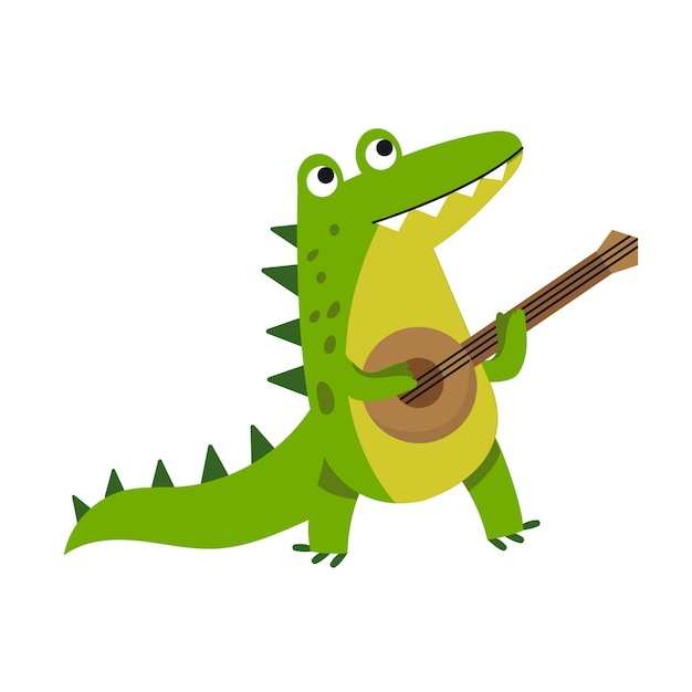Simpatico cartone animato coccodrillo personaggio suonare la chitarra vettoriale illustrazione isolato su sfondo bianco