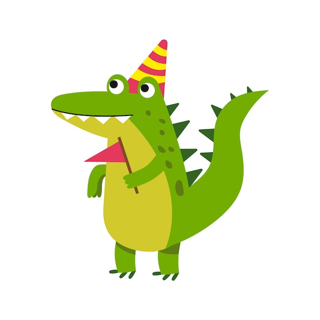 Cute cartoon crocodile character wearing party hat standing and holding pennant vector illustration isolated on a white background