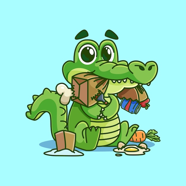 Cute cartoon crocodile mascot eating grocery bagadorable cartoon mascot illustration