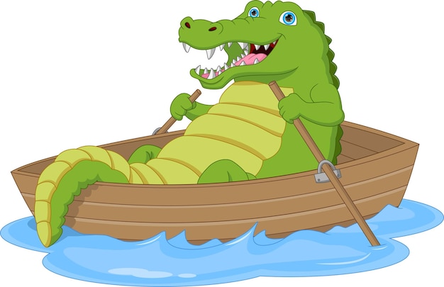 Cute cartoon crocodile rowing a wooden boat