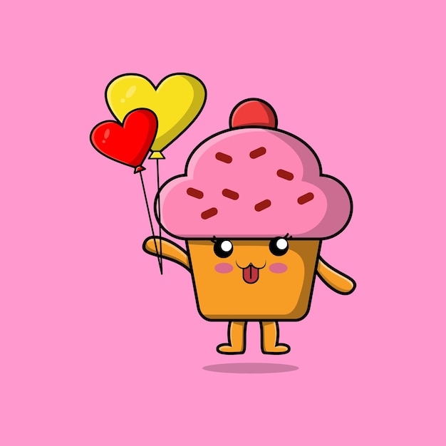 Vector cute cartoon cupcake floating with love balloon cartoon vector illustration