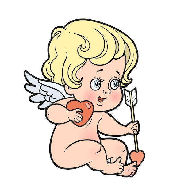 cute cartoon cupid with a heart and an arrow in hands color variation for coloring page isolated on a white background