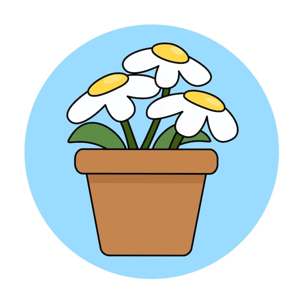 Cute cartoon daisies in a pot in color doodle style