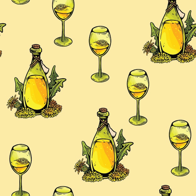 Cute cartoon dandelion wine bottles doodles seamless border pattern Vector repeatable background texture tile Cozy template of stock illustration for wrapping design wallpaper