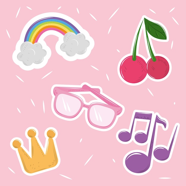 Cute cartoon decoration glasses crown rainbow icons