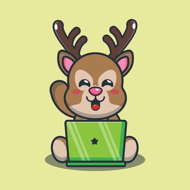 ノートパソコンとかわいい漫画の鹿
