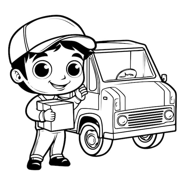 Cute cartoon delivery boy with a truck Vector illustration for your design