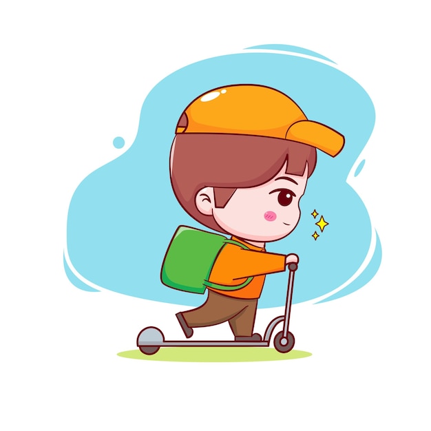 Cute cartoon of delivery man riding scooter Hand drawn chibi character isolated background