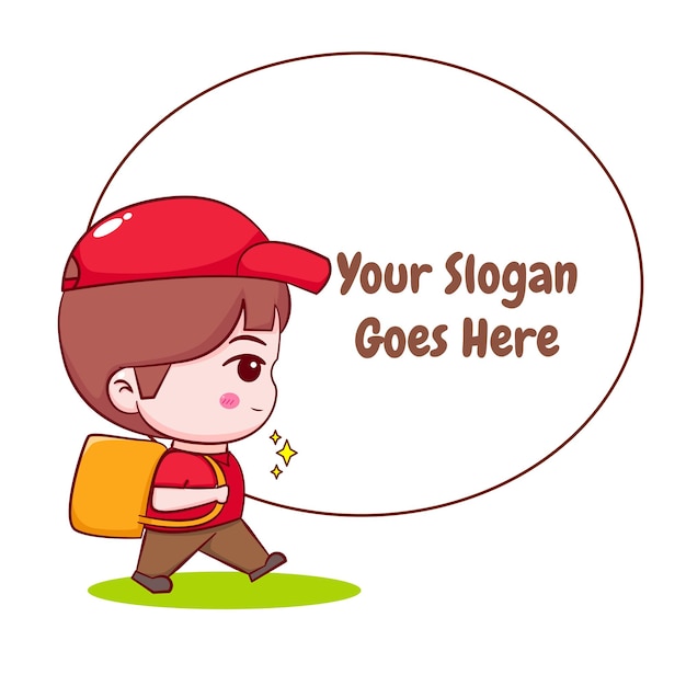 Cute cartoon of delivery man with bubble text Hand drawn chibi character isolated background