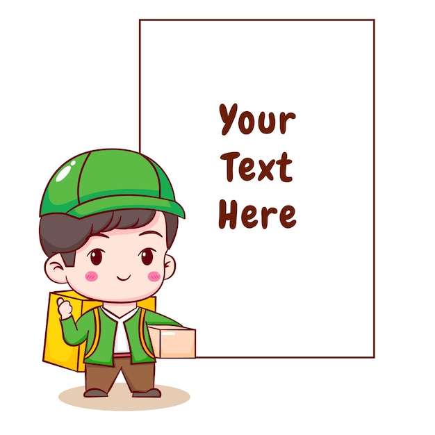 Cute cartoon of delivery man with bubble text Hand drawn chibi character isolated background