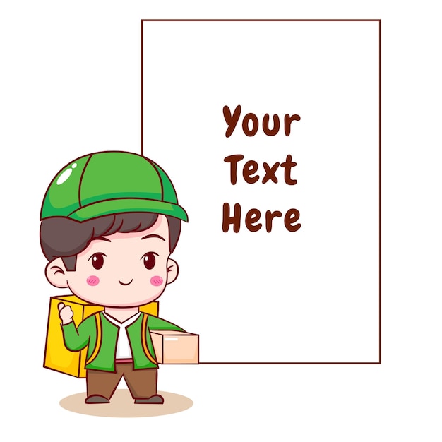 Cute cartoon of delivery man with bubble text hand drawn chibi character isolated background