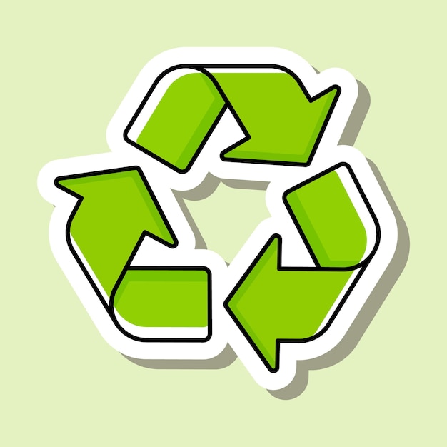 Vettore sticker di design cartoon carino del cartello di riciclaggio costituito da frecce piegate concetto di protezione ambientale isolato su sfondo verde illustrazione vettoriale