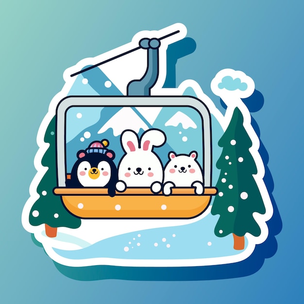 Vector cute cartoon designed sticker with ski lift and animal inside mountain elevator with bear and rabbit in forest landscape ropeway with characters isolated on blue background vector illustration