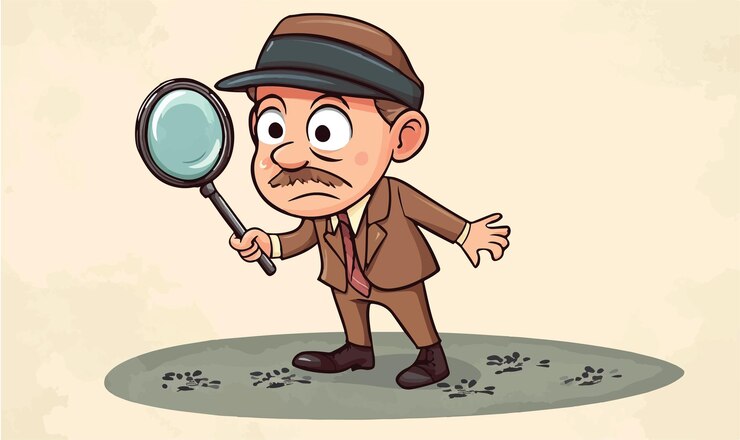 Vector cute cartoon detective with magnifying glass