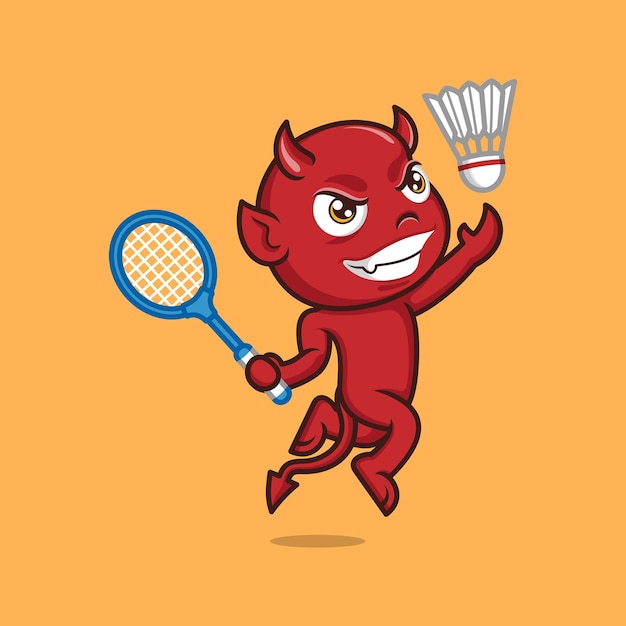 Vector cute cartoon devil playing badminton