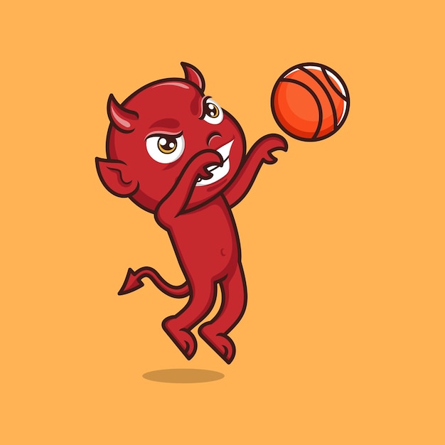 cute cartoon devil playing basketball