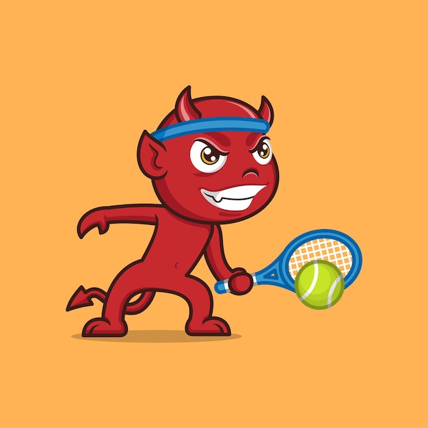 Vector cute cartoon devil playing tennis