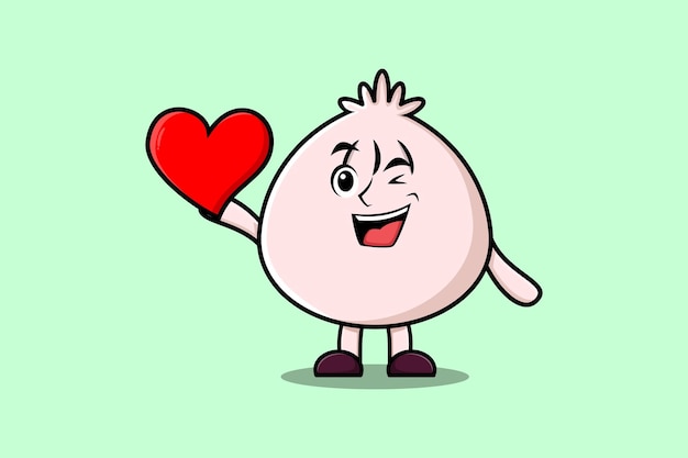 Vector cute cartoon dim sum character holding big red heart in modern style design illustration