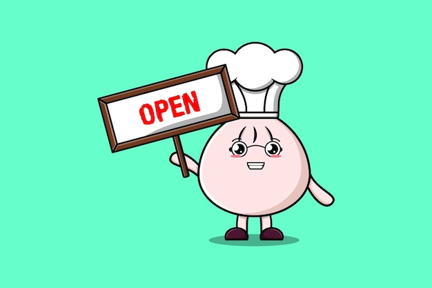 Cute cartoon dim sum character holding open sign board designs in concept flat cartoon style