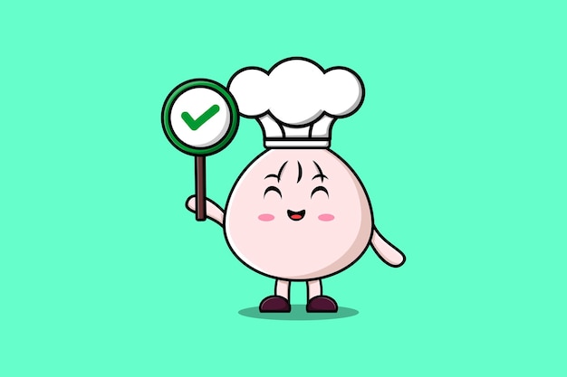 Cute cartoon Dim sum chef character holding correct sign board in vector character illustration