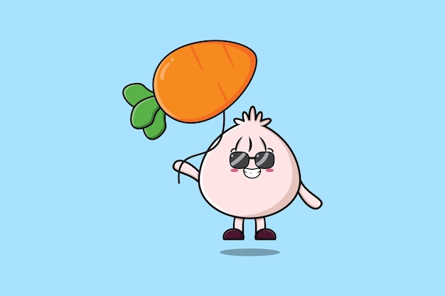 Cute cartoon dim sum floating with carrot balloon in flat cartoon vector icon illustration